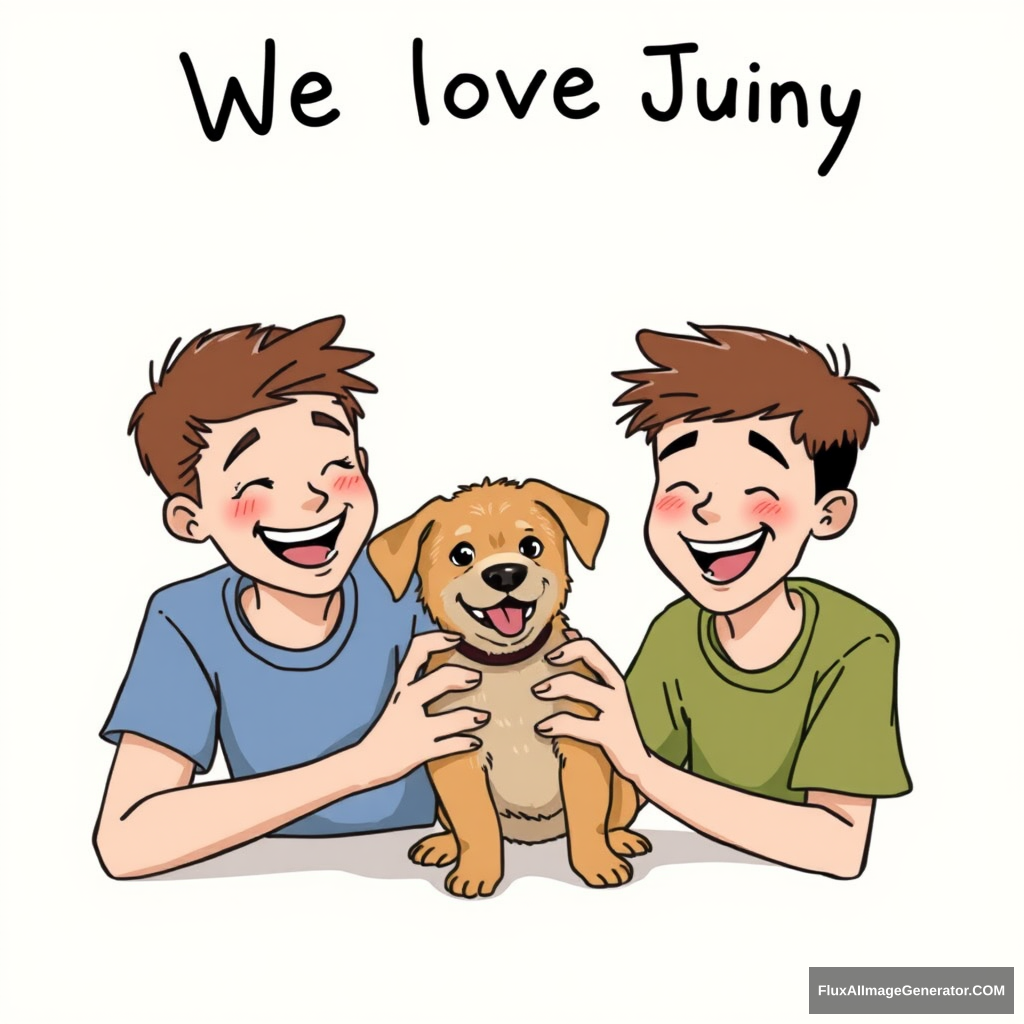 Two happy teenage boys with brown hair are playing with a small brown pincher dog. A sign above them says: "We love Juny."