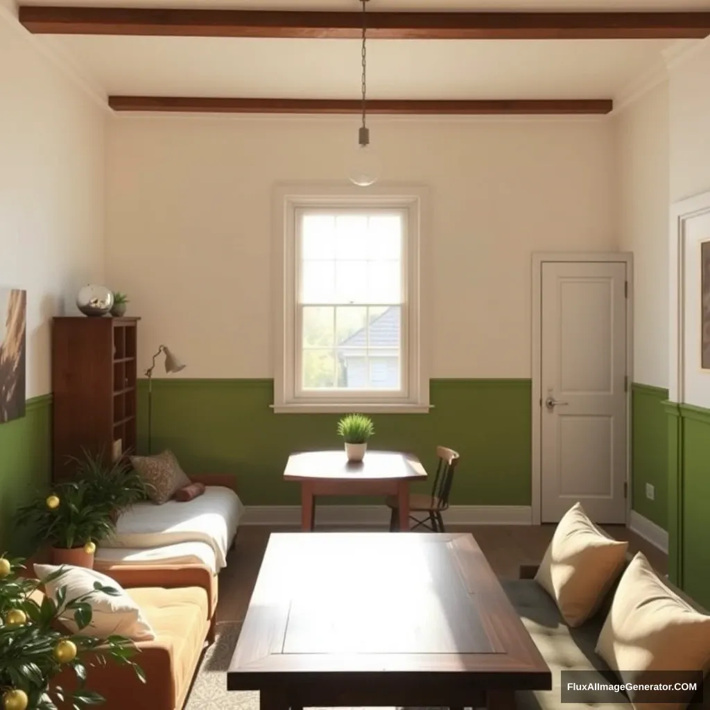 A cozy room, with one large window in the middle. It is sunny, but the light is not blinding. The room has a door to the right, and a wooden eating table towards the window. The paint on the wall is both eggshell white and green with a horizontal line dividing them, the green at the bottom. There is a sofa with a small sofa table, and some plants and light bulbs, to make it cozy.