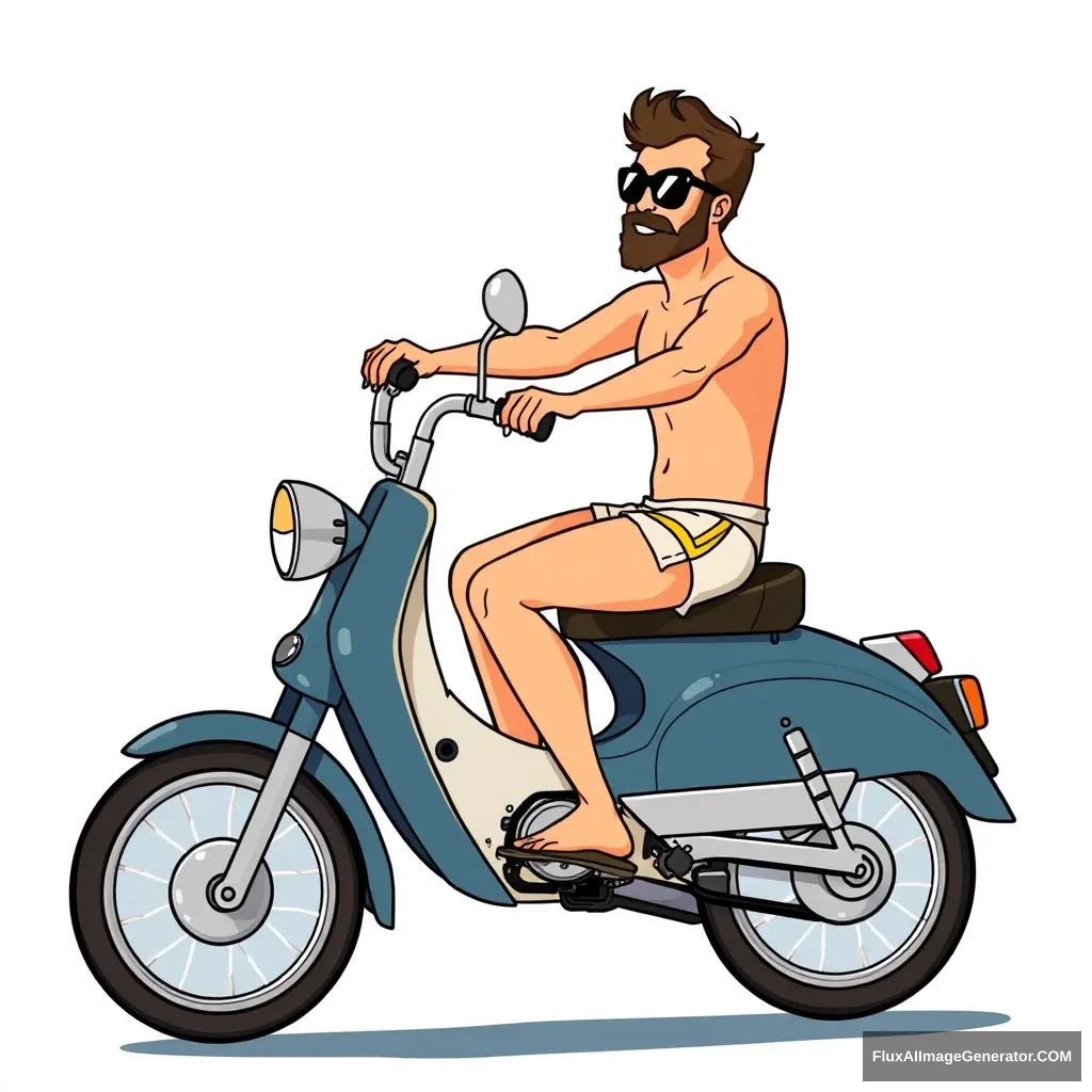 A man riding a 70's style moped, which actually has bike pedals, wearing only a bikini bottom and sunglasses, in the style of a cartoon from the early 90's. - Image