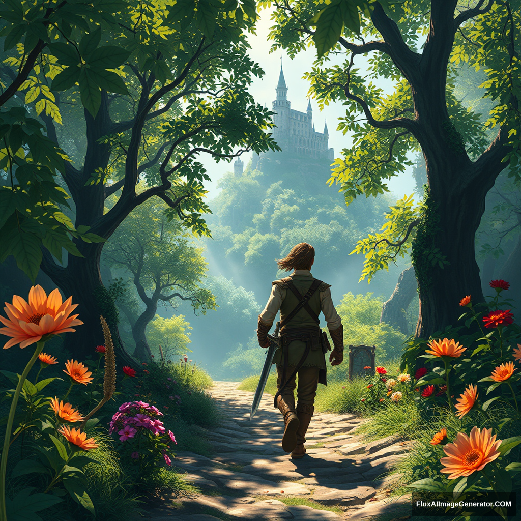 Here is a segment generated for you about Middle Journey:

In a mysterious and fantastical world, there is a vast, boundless forest. Sunlight filters through the dense leaves, casting dappled shadows. A brave adventurer finds himself in the midst of it, clad in light leather armor and wielding a sharp longsword. His gaze is steady, his steps firm, as he follows a winding path. On either side of the path, strange flowers bloom in vibrant colors, emitting an enchanting fragrance. In the distance, an ancient castle stands atop a hill, shrouded in mist, appearing and disappearing like a phantom. Vines climb the walls of the castle, as if telling the tales of time's passage. The adventurer quickens his pace, filled with a yearning for the unknown and a determination to explore; this is the marvelous scene in Middle Journey. - Image