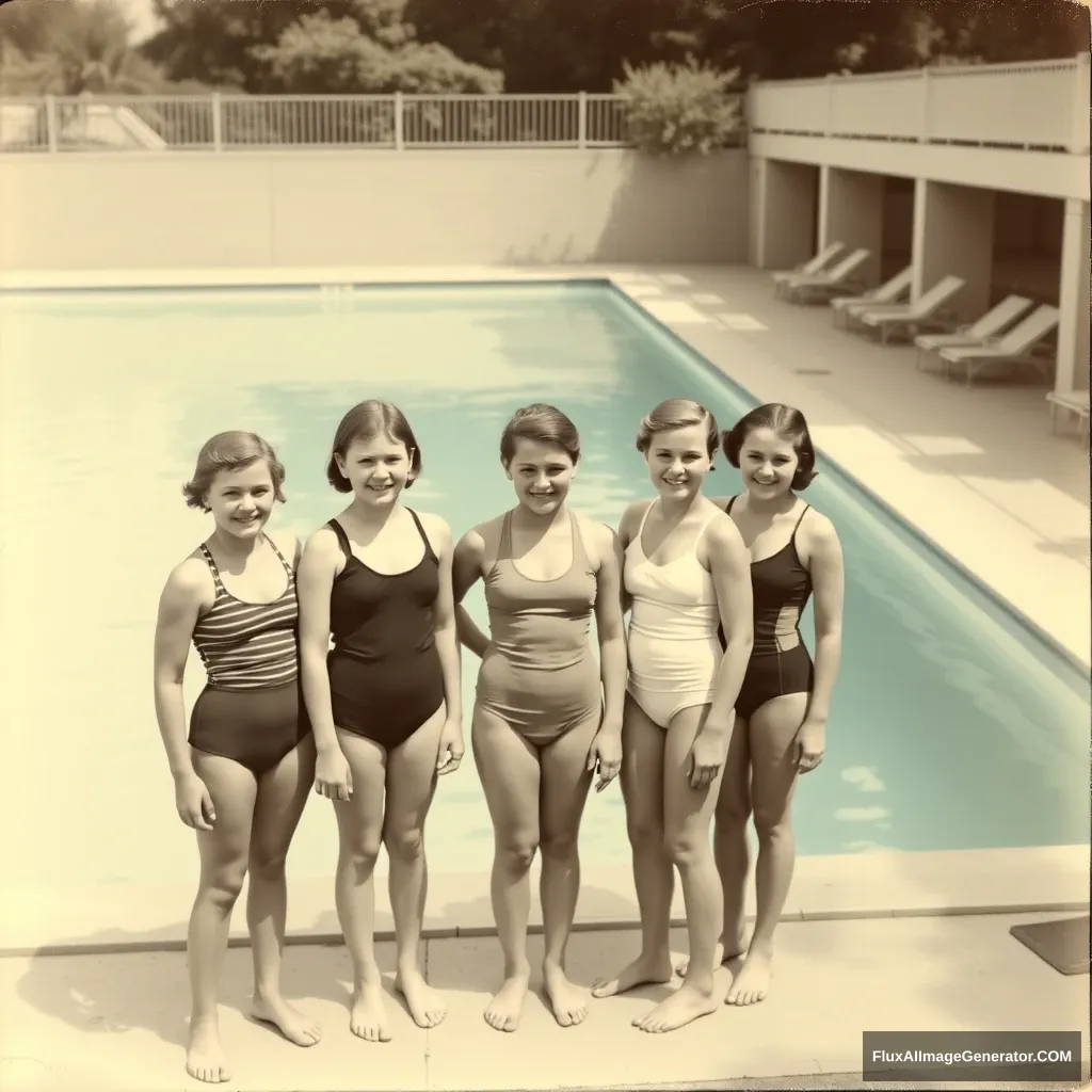 "Take a photo: a group of German girls stands in front of a pool wearing swimsuits."