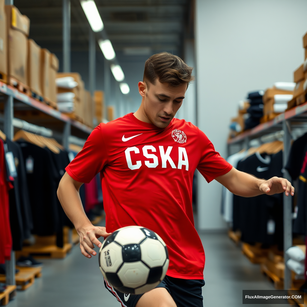 A man in a red CSKA T-shirt plays soccer in a clothing warehouse.