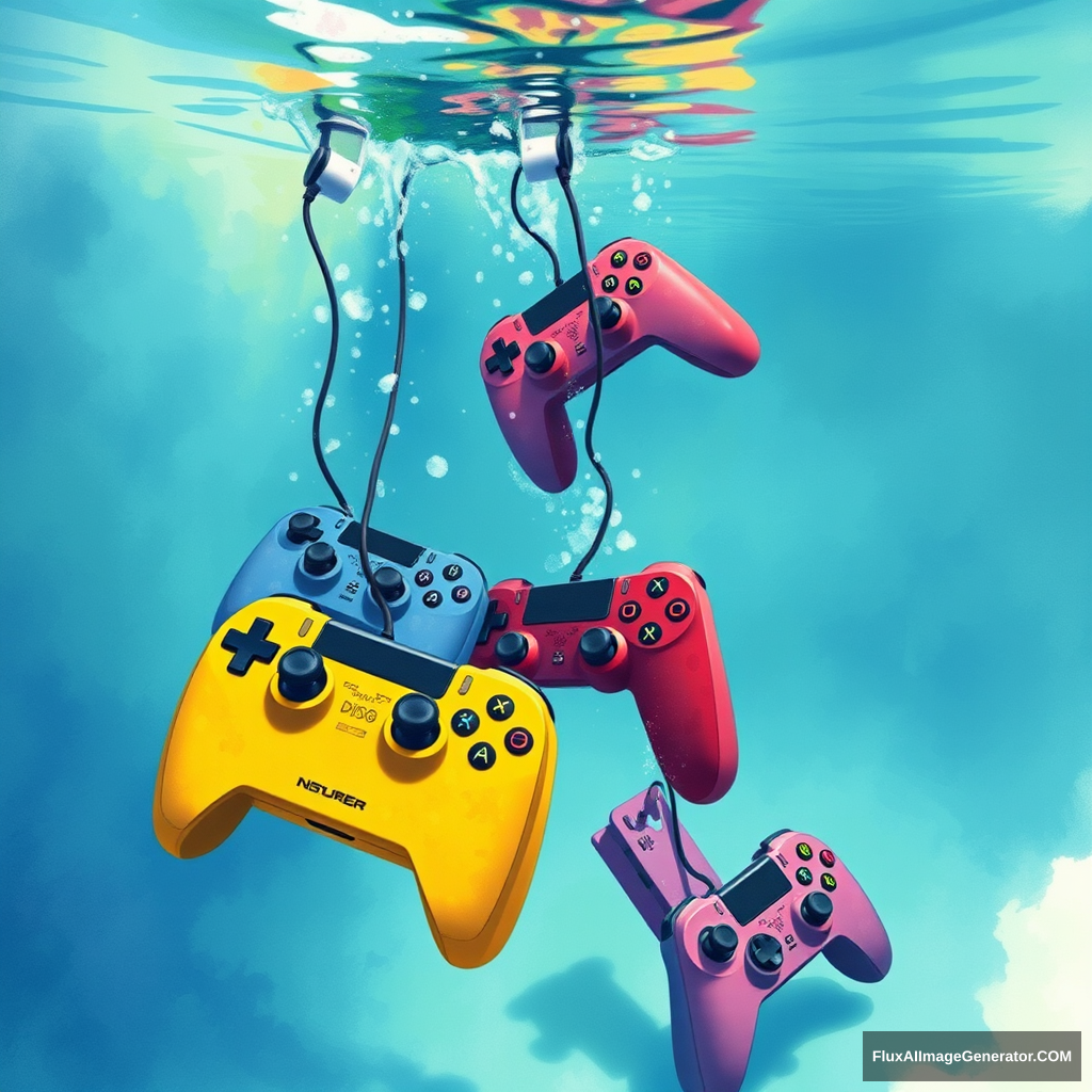 A cascade of colorful game controllers plunging into a serene watercolor pool, with some controllers partially submerged and others sinking, creating a vivid, flowing underwater scene, illustration. - Image