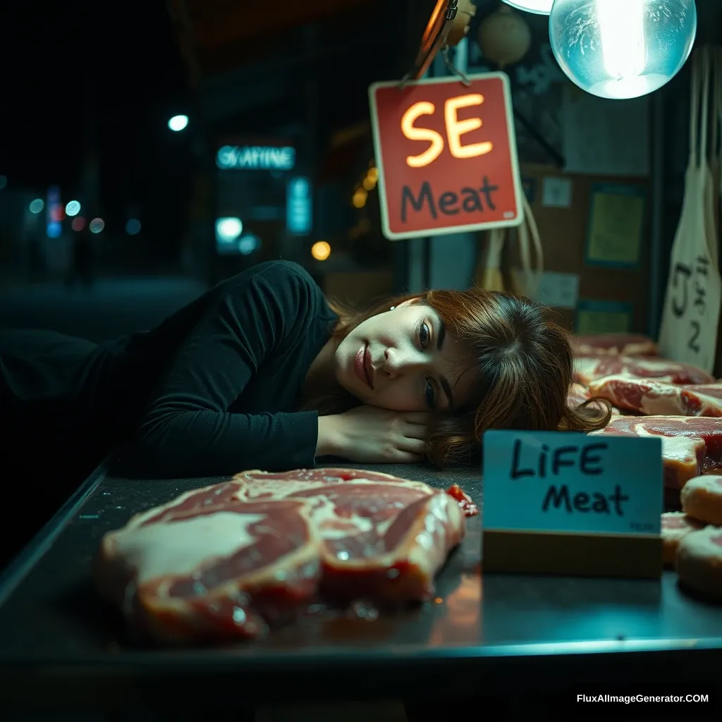 A woman lay on the butcher table, night, neo. The sign said: "SE Meat". - Image