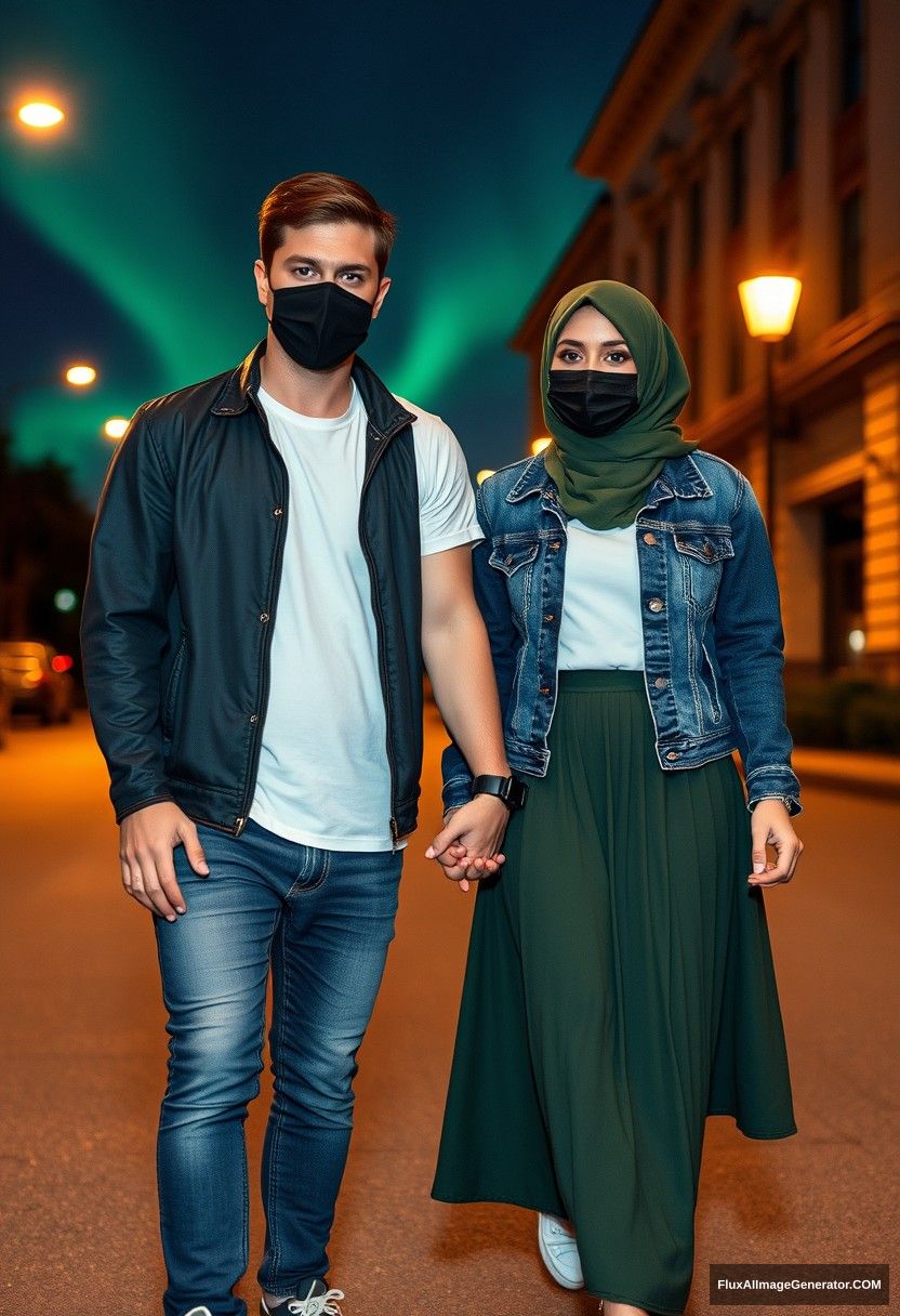 Jamie Dornan, handsome, wearing a black face mask, white T-shirt, jeans, and sneakers, dating a beautiful Muslim girl in a green hijab, with beautiful eyes, wearing a black face mask, denim jacket, and the longest skirt. She is not tall, holding hands, photorealistic, street photography, full photography, selfie photos, night scenery, aurora. - Image