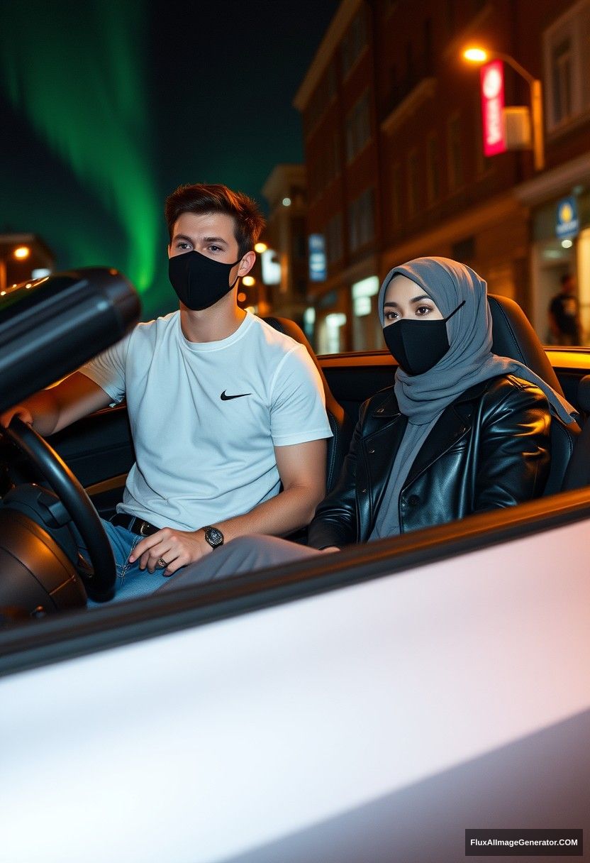 Jamie Dornan, tall, young, black face mask, white Nike T-shirt, jeans, driving a sports car

dating romantically with a grey hijab Muslim girl, beautiful eyes, black face mask, leather jacket, very long and big skirt, not a tall girl,

sitting in a sports car, in town, photorealistic, street photography, night scenery, aurora borealis.