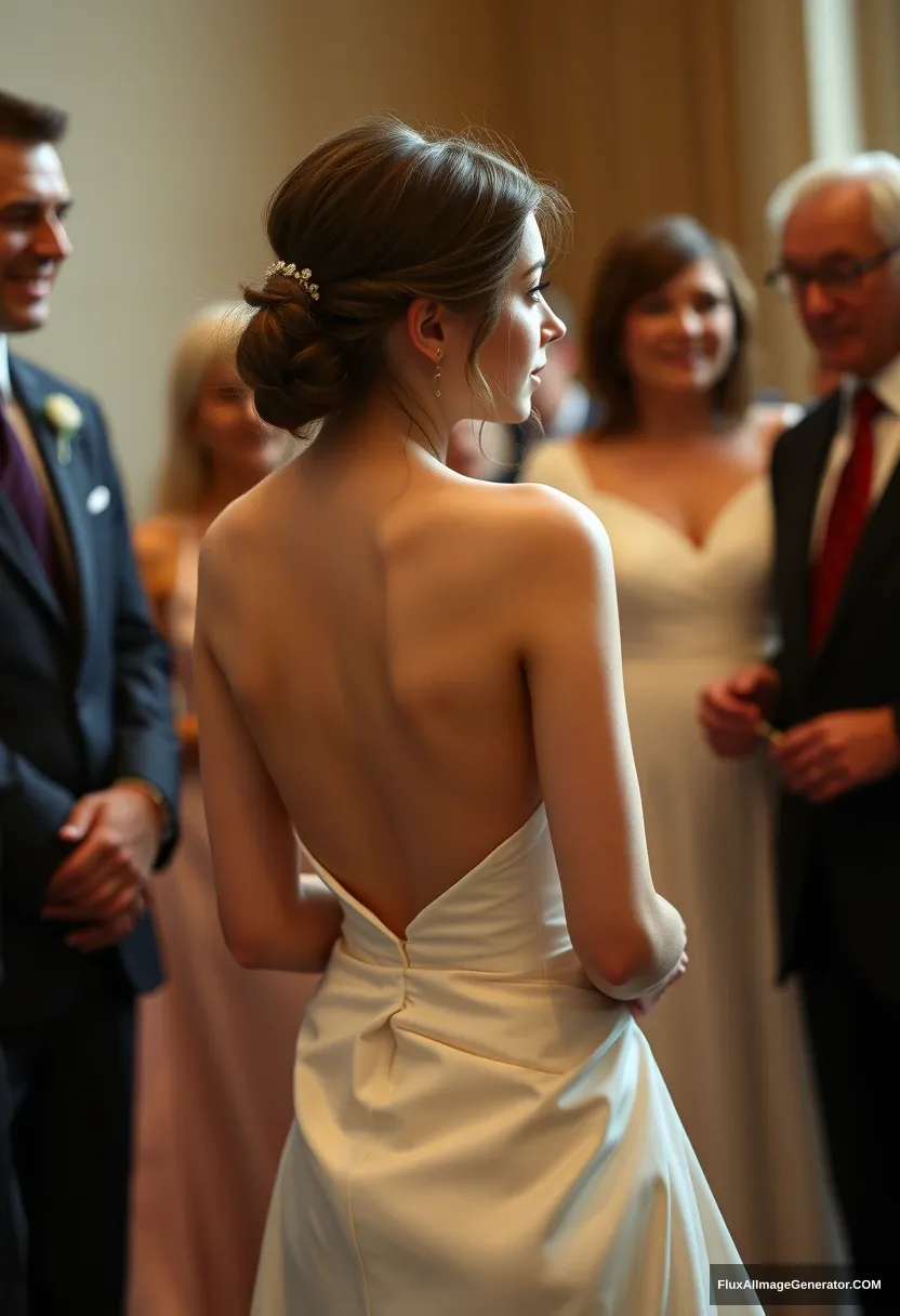 A short young woman, sensitive, delicate, backless strapless side-less low-waisted contouring wedding dress with a deep-cleavage loose front. Fawning obediently mingling with fathers. Expectations. Perfect posture. Pale skin. - Image