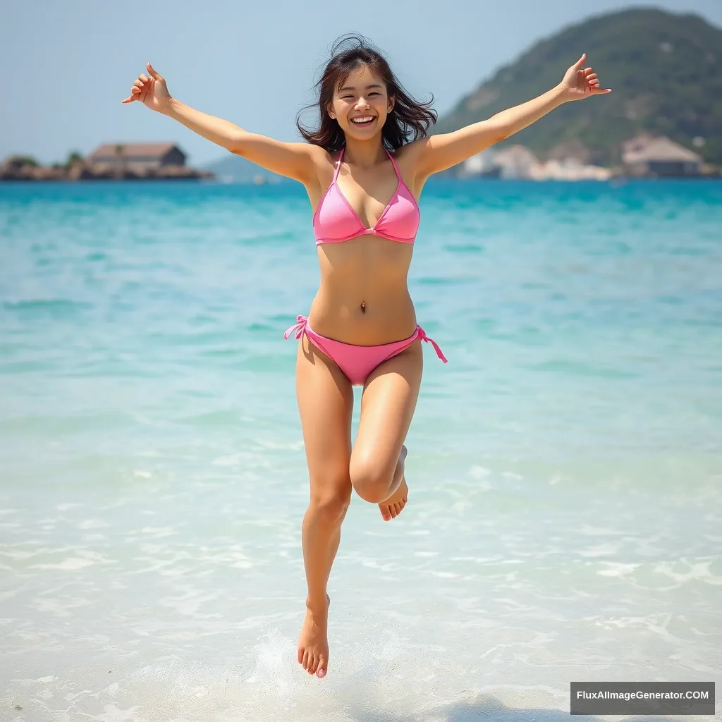 Japanese girl beach jump smile bikini teenage - Image