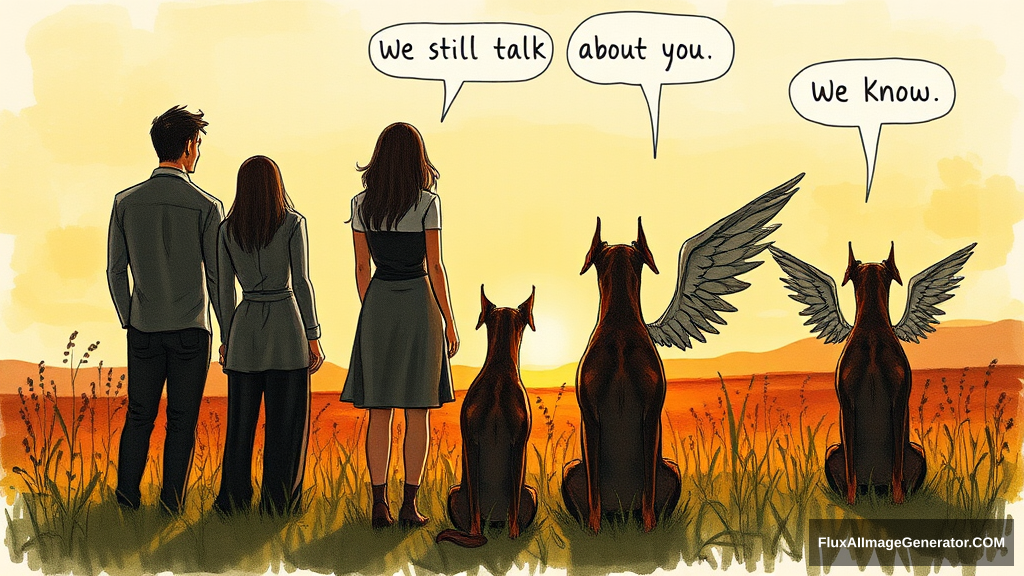 Messy, pencil sketch colour illustration: 4 silhouetted figures—2 male, 2 female—stand in a lush meadow at golden hour. 3 ethereal, winged dobermans sit beside them. Facing away from the viewer. Speech bubbles float above: "We still talk about you" (human), "We know" (dog). Nostalgic atmosphere, convey wistful longing. - Image