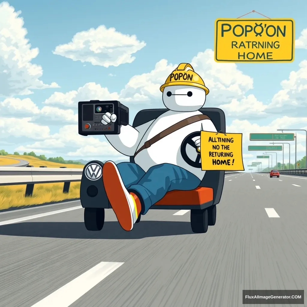 /imagine Baymax is on the highway driving a Volkswagen car and listening to the radio. He is wearing blue cargo pants, a fluorescent orange and yellow safety vest, safety shoes, and a yellow helmet with the word POPÓN, along with a sign that says POPÓN IS RETURNING HOME.