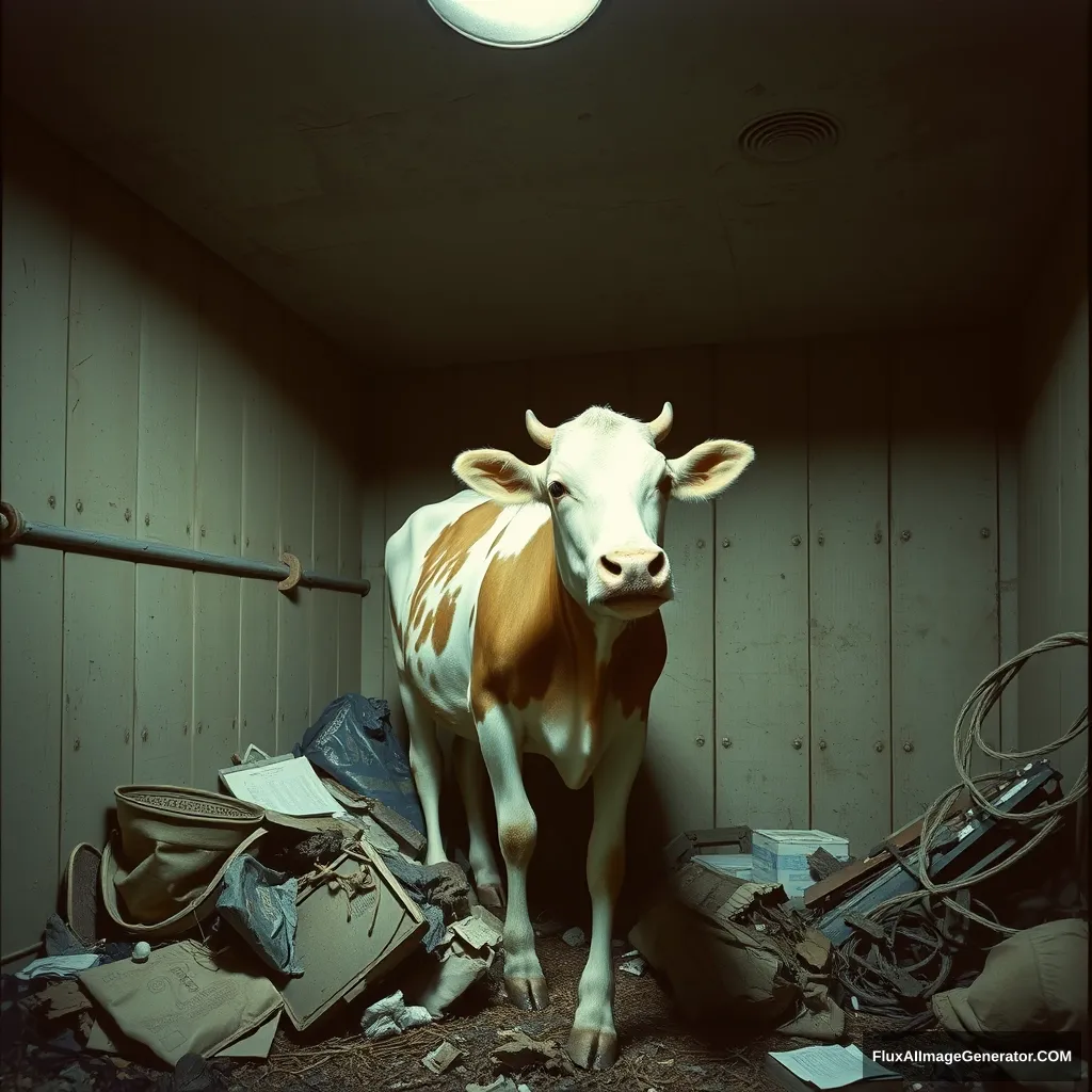 1950s surreal photo of a cow in a garbage house