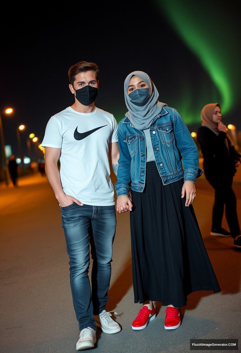 Jamie Dornan, handsome, wearing a black face mask, a white Nike t-shirt, jeans, and sneakers, dating a beautiful Muslim girl in a grey hijab with beautiful eyes, also wearing a black face mask, a denim jacket, and a very long and wide skirt, who is not tall, with red sneakers, holding hands, photorealistic street photography, full photography, selfie photos, night scenery, aurora. - Image