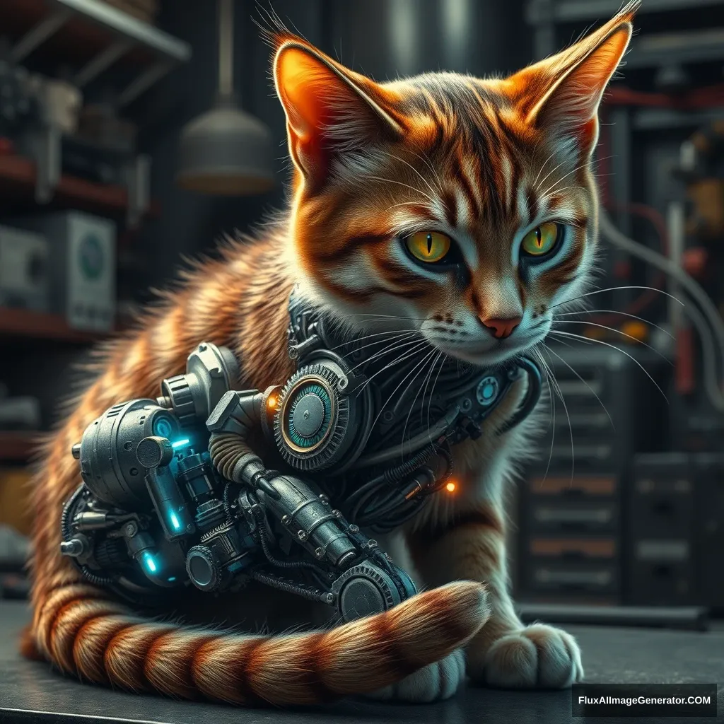 A cybernetic feline meticulously repairs its robotic tail, exposing intricate gears and pulsing circuits. Hyper-realistic details reveal oily metal, flickering LEDs, and synthetic fur. The cat's eyes glow with determination, set against a futuristic workshop backdrop. Shadows emphasize the surreal melding of organic and artificial.