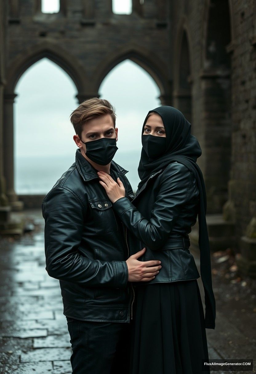 Jamie Dornan's head and body shot, handsome, youngest, black face mask, black leather jacket, dating, love hug with the biggest black hijab Muslim girl, not tall, beautiful eyes, face mask, maroon leather jacket, biggest black skirt, hyper realistic, studio photography, full body photo, explore at abandoned castle, at sea, gloomy scenery.