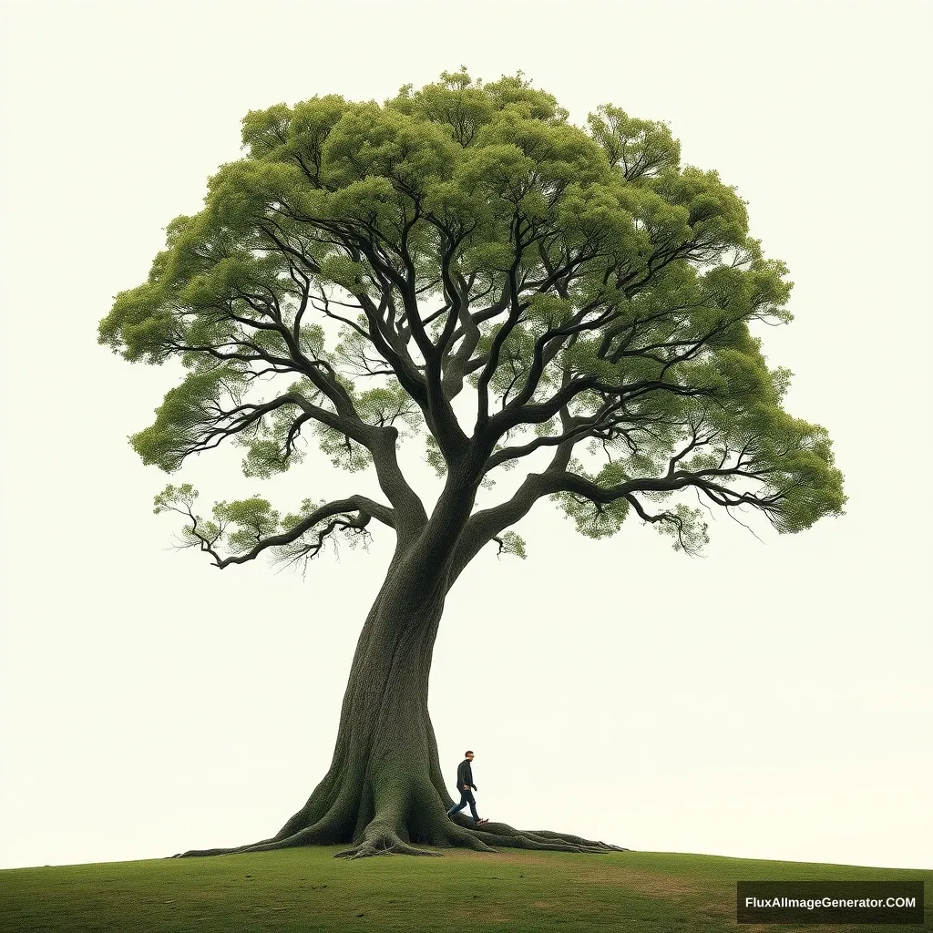 Create an image: A large tree grows from the bottom up. There are many branches on the trunk, and at the end of each branch, there is a person walking alone.