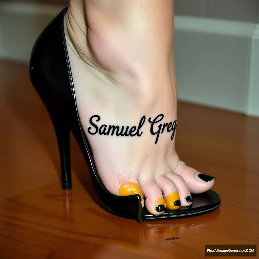 The name "Samuel Greg" on a woman's foot in a black high heel. There is oil all over the foot. - Image