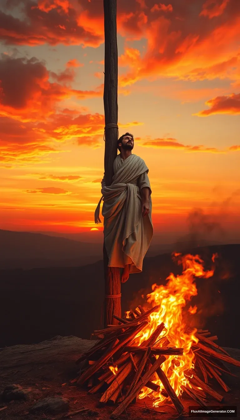 A lone figure, dressed in a white robe, is tied to a towering wooden pole on a barren hilltop. The sky is ablaze with the orange and red sunset, a large fire burns the pile of wood beneath his feet, the flames reaching his face, and his clothes are burning. The figure's face is turned to the sky, his expression calm and accepting. Dramatic lighting, cinematic, highly detailed, digital painting.