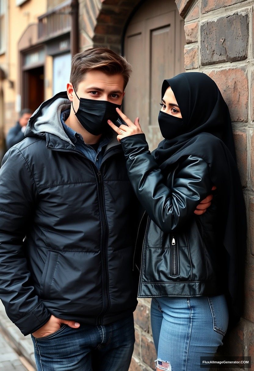 Jamie Dornan, handsome and young, wearing a black face mask, snow jacket, and jeans, dating the most beautiful Muslim girl in a black hijab with beautiful eyes. She is wearing a black face mask and a black leather jacket. They are standing together near a wall in a town, playfully pinching each other's cheeks. The scene is photorealistic and resembles street photography. - Image