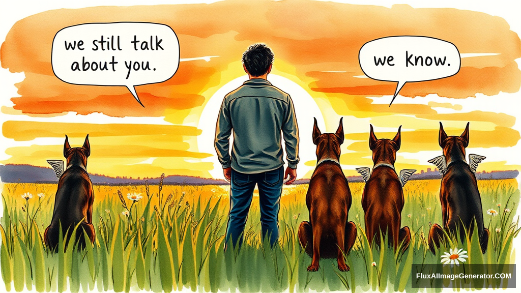 Messy hand drawn watercolor illustration: male figure in meadow at golden hour, silhouetted against vibrant sunset sky. 3 Winged canine doberman companions sat beside. facing away from the viewer, Speech bubbles float above: "We still talk about you" (person), "we know" (dog). Nostalgic atmosphere, brushstrokes convey wistful longing. - Image