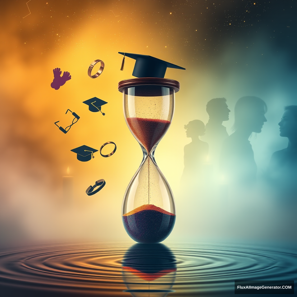 An hourglass centerpiece with colorful sand fading to shimmer. Misty background transitioning from warm gold to cool blue. Floating life symbols: baby items, graduation cap, wedding rings, reading glasses. Flickering candles. Translucent human silhouettes of various ages. Starry sky above with constellation faces. Rippling water reflection below. Dreamlike, somber yet hopeful atmosphere. - Image