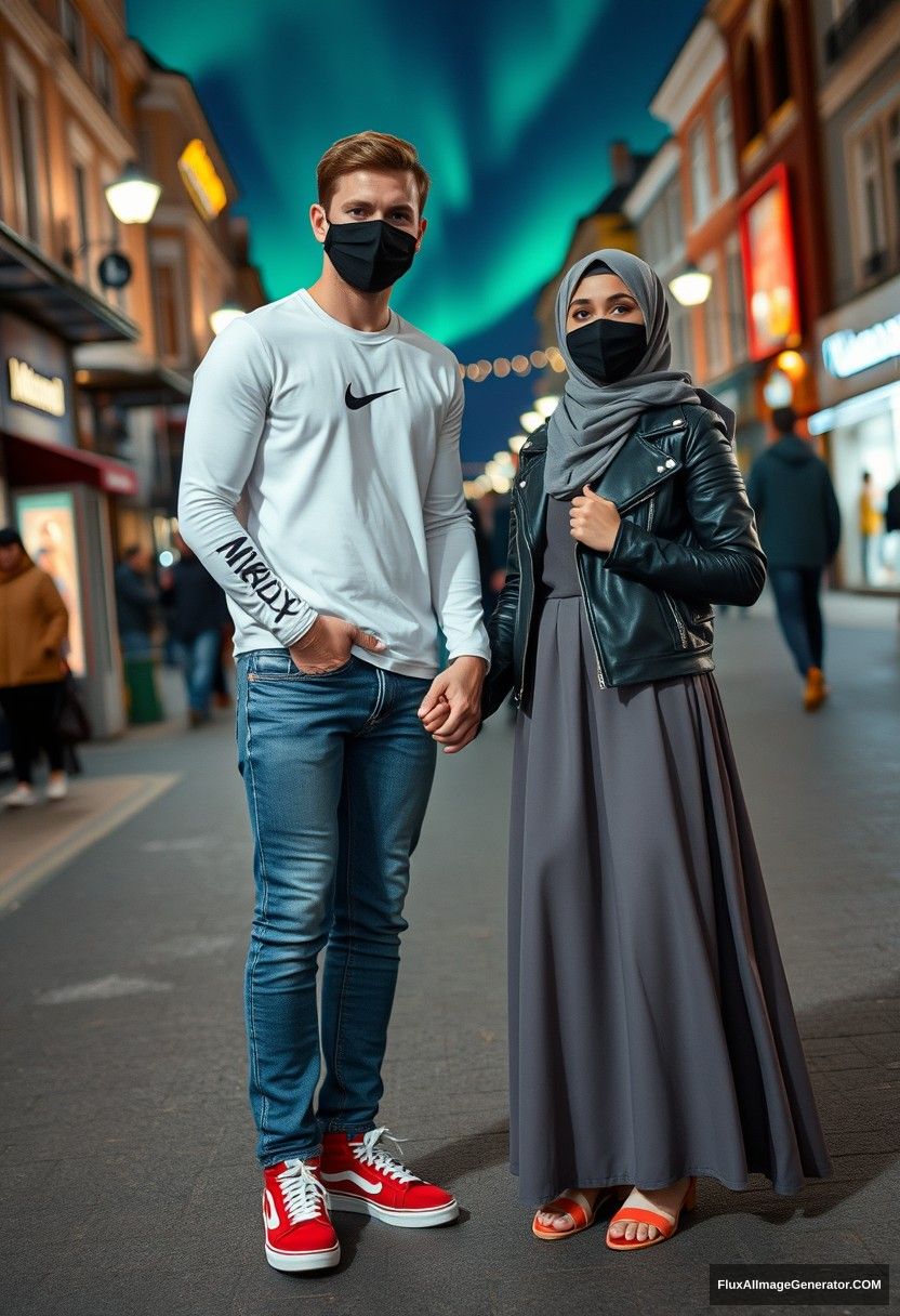 Jamie Dornan, tall, handsome, wearing a black face mask, long sleeve white Nike T-shirt, jeans, and sneakers, 

dating a beautiful Muslim girl in a grey hijab with stunning eyes, wearing a black face mask, leather jacket, and a very long and big skirt, not tall, with red sneakers, 

holding hands, standing together in town, photorealistic, street photography, full photography, selfie photos, night scenery, aurora.