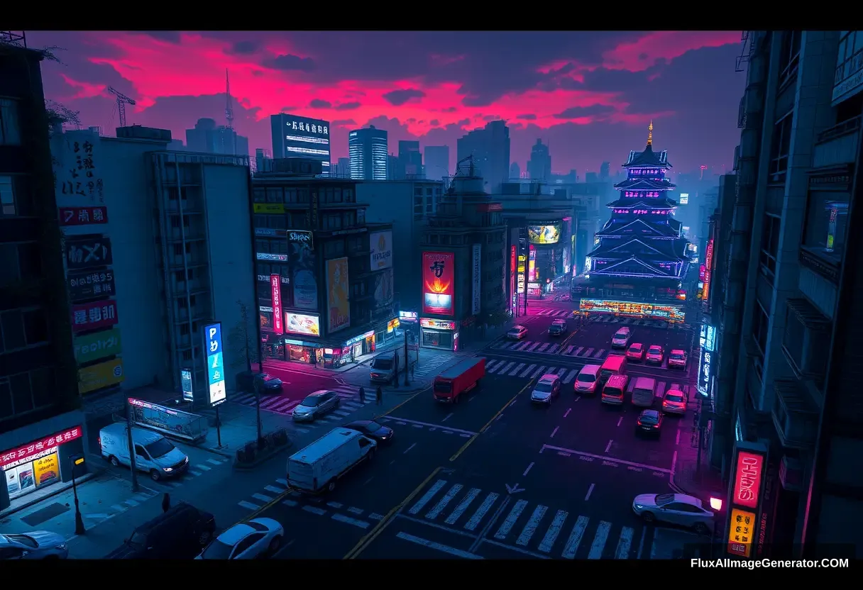 A Shibuya Scramble Crossing game concept design, nice and detailed, Cyberpunk style, Tokyo city night, Aerial view, buildings are corrupted by many giant vines, Abandoned cars and trucks, blue and purple neon lights, Japanese Edo Castle, sky is dyed red, unreal engine, PBR rendering, CG style.