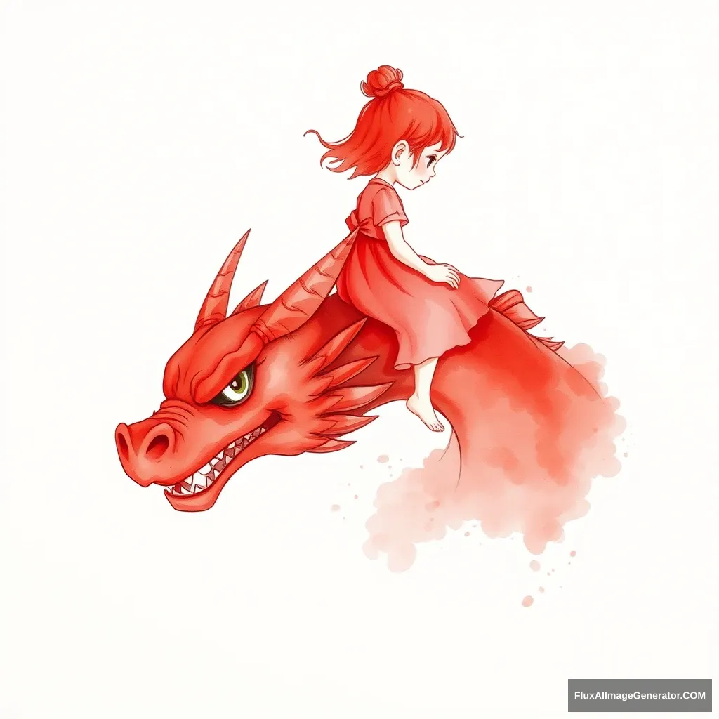 Red-themed watercolor painting, a little girl riding on the dragon's head, only showing the dragon's head. - Image