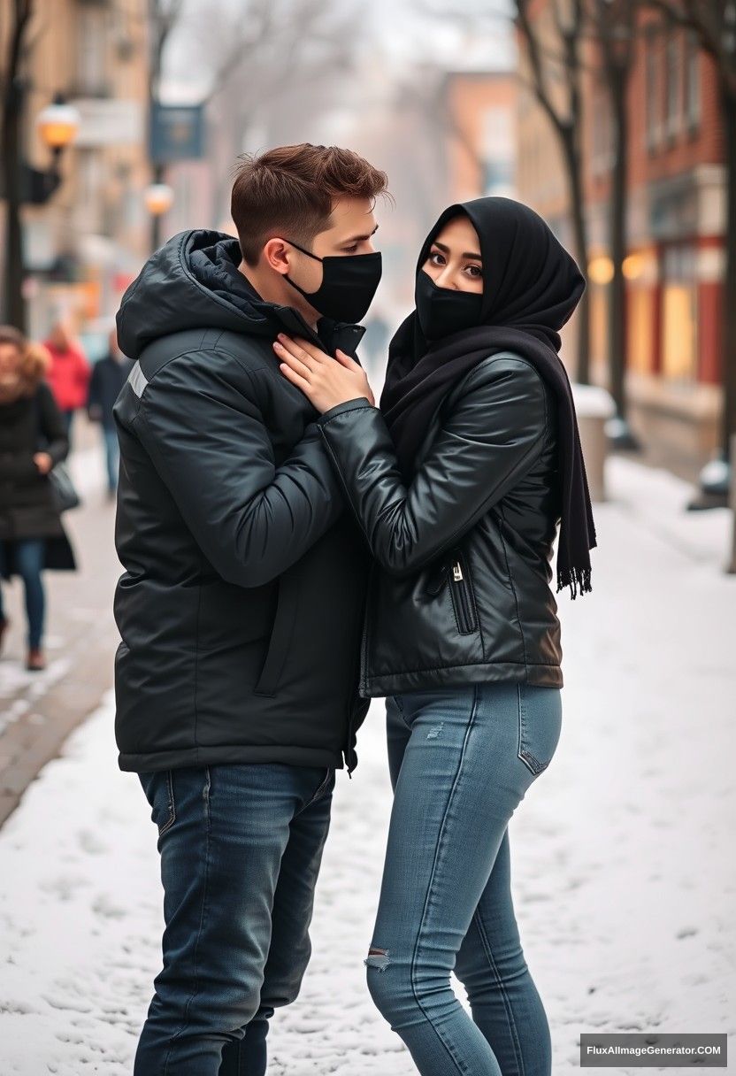 Jamie Dornan, handsome, young, wearing a black face mask, snow jacket, and jeans, dating a beautiful Muslim girl in a black hijab with beautiful eyes, also wearing a black face mask and a black leather jacket, in a winter scenery, standing together near a wall in town, pinching each other's cheeks, photorealistic, street photography.