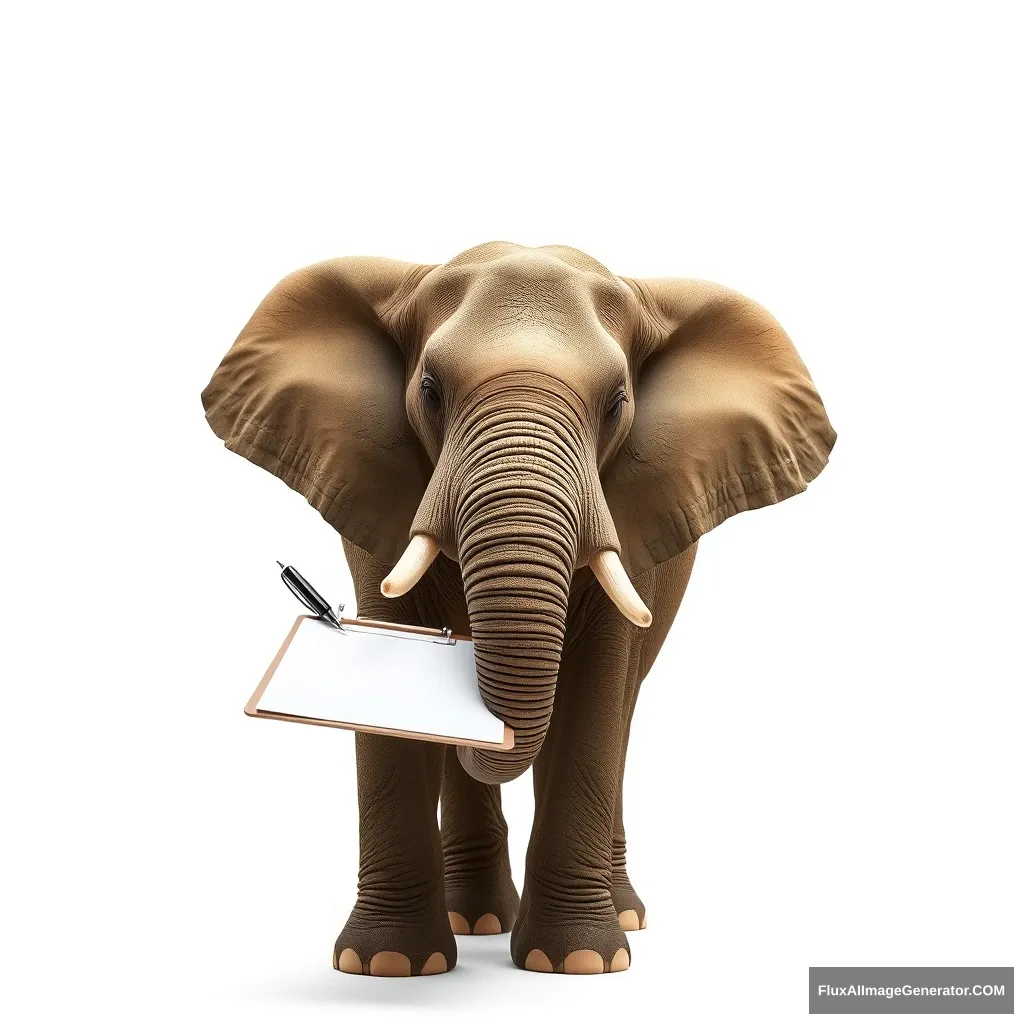 Create a realistic photo: An elephant stands against a white background and has a pen in its trunk, with which it is writing on a clipboard.