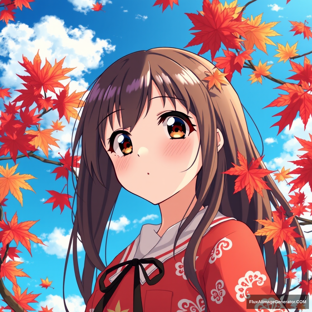 Manga, anime, beautiful girl, maple leaves, blue sky and white clouds. - Image