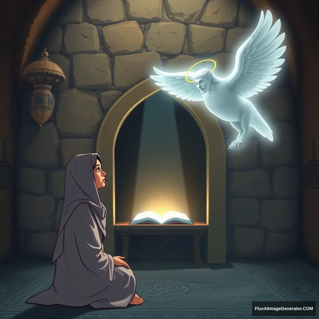 A peaceful scene inside a sacred temple. Maryam, a young woman with a serene expression, dressed in a simple robe, is praying in a small, dimly lit mihrab. Suddenly, an angel, Jibril, appears before her, radiating a gentle light. Jibril, in the form of a handsome man, speaks to her, while Maryam, initially startled, listens intently. The background is adorned with ancient stone walls, and the atmosphere is filled with a sense of divine presence and reverence.