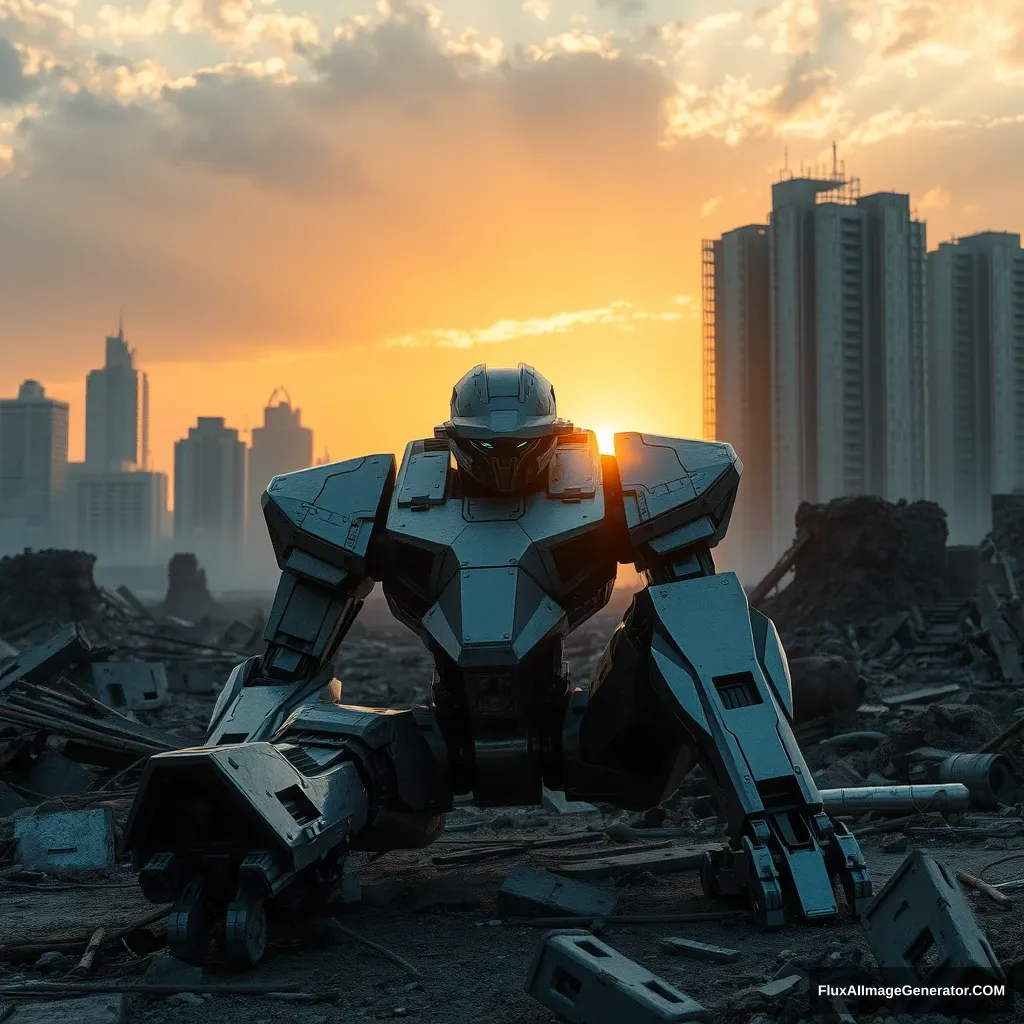 A mech is sitting in the ruins of a city, reflecting metallic light, with the setting sun behind it. - Image