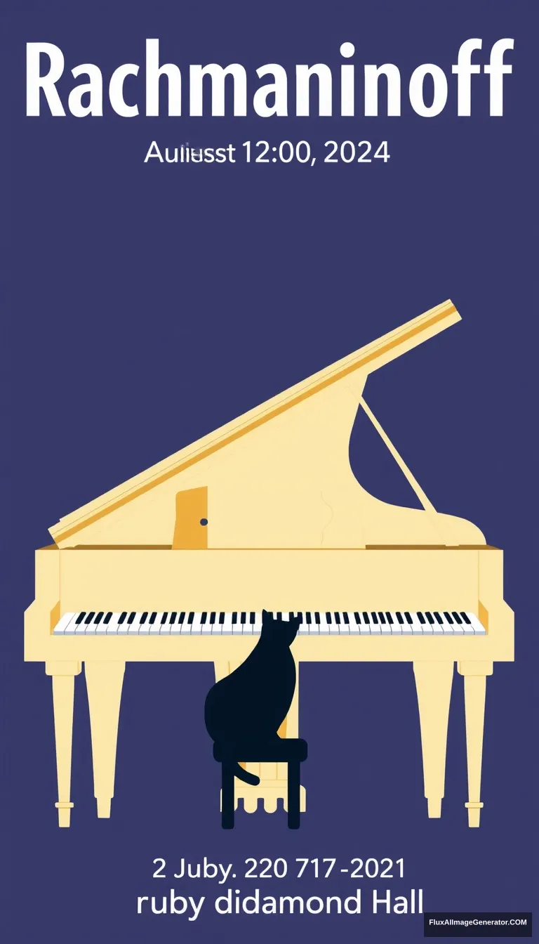 Title: “Rachmaninoff” displayed at the top center

include the following texts on the bottom of the poster:
“August 20, 2024”  
“7:00 PM”  
“ruby diamond Hall”  

Visual Elements: A grand piano centered at the bottom of the poster with a cat playing piano in a Matisse style and minimal style. - Image