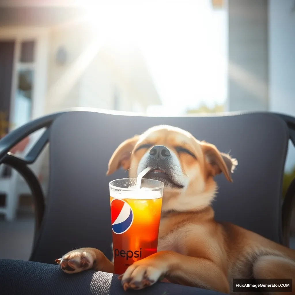 A small dog is drinking Pepsi with a straw while sleeping on a chair in front of the house, and sunlight is shining down from the upper left.