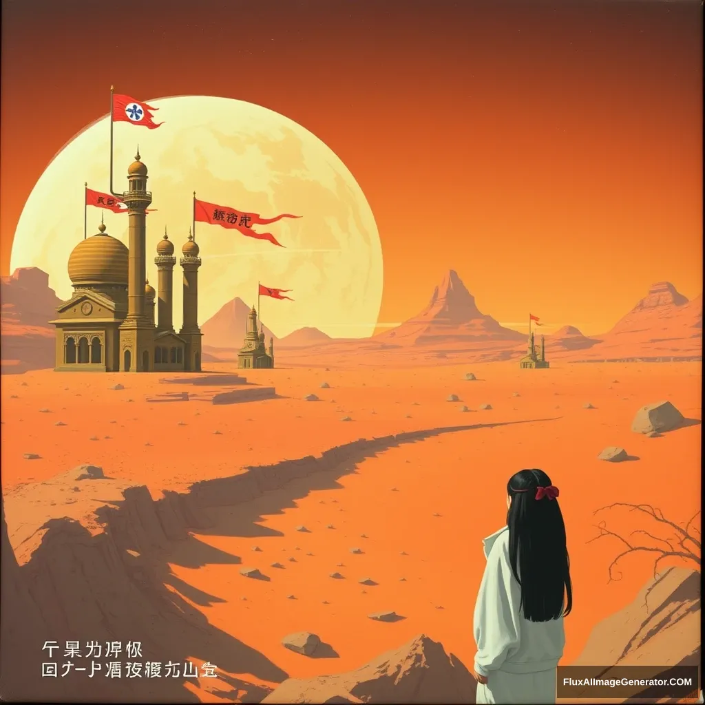 "Logged into Mars, there are strange buildings, flags, a young woman, and Chinese characters or Japanese." - Image