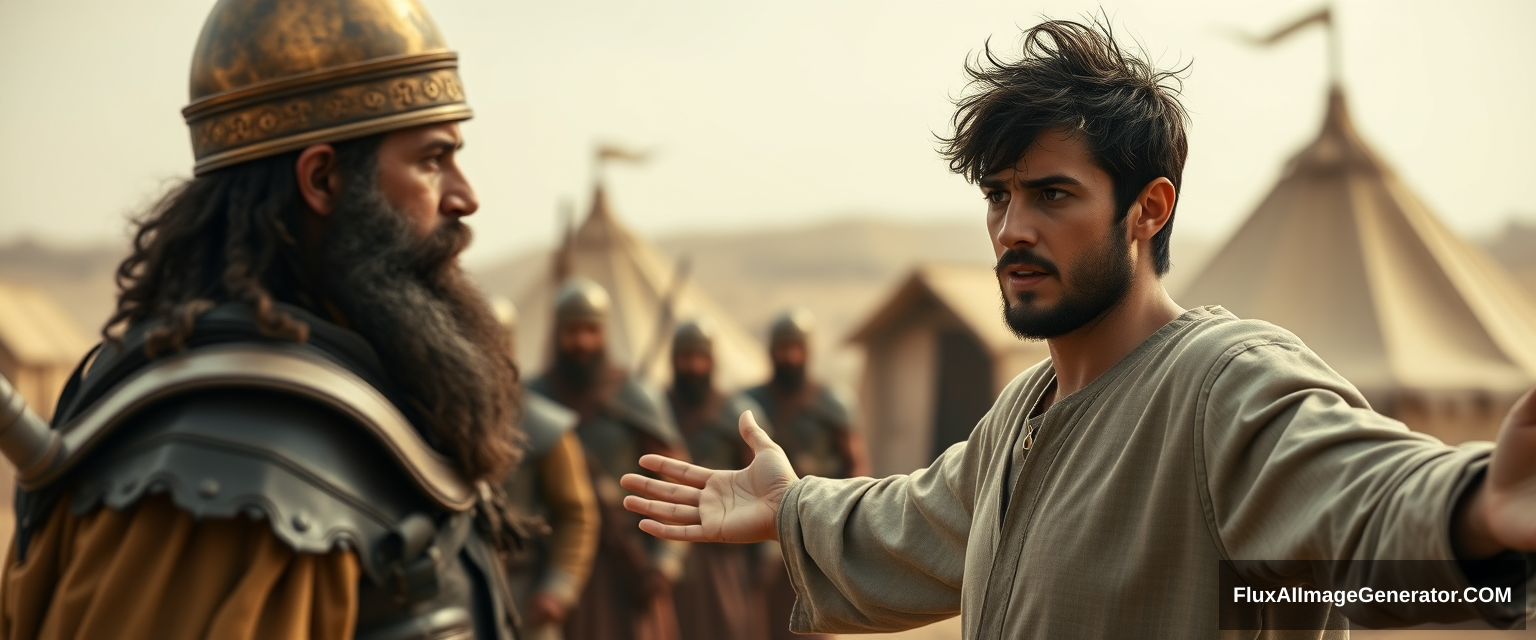 Create an image of two men arguing and standing apart. The man on the right is a young man with his arms stretched out to the sides. He looks shocked and has dark, messy, unkempt hair and a beard, dressed in a simple biblical-era shepherd's tunic, and is looking sternly at the middle-aged man on the left. The middle-aged man has a Jewish black beard and is wearing a suit of rugged biblical-era leather armor with a conical brass helmet that ends with a pointed tip. Next to the middle-aged man is a group of soldiers. The overall mood of the image is one of anxiety and concern. The background shows a blurred ancient biblical Jewish army camp with desert Arabic tents. The overall mood is intense and cinematic. - Image