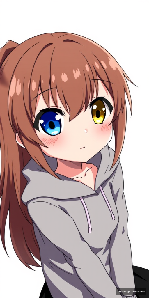 One anime girl with a blue left eye and a yellow right eye, and brown hair. She has a cute appearance and is wearing a gray hoodie with a black skirt.