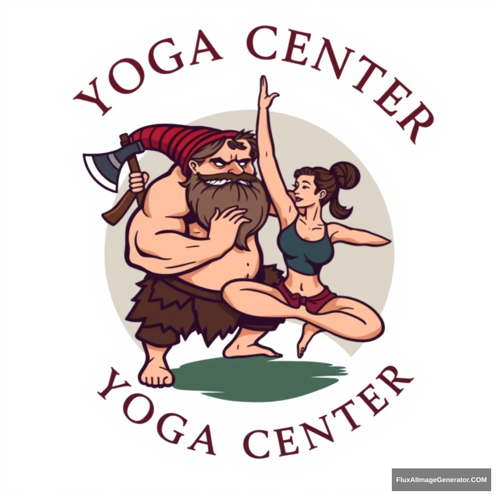 Typical yoga center logo, but featuring a muscular dwarf with a beard and an axe flirting with a woman by touching her arm while she is in a yoga pose.