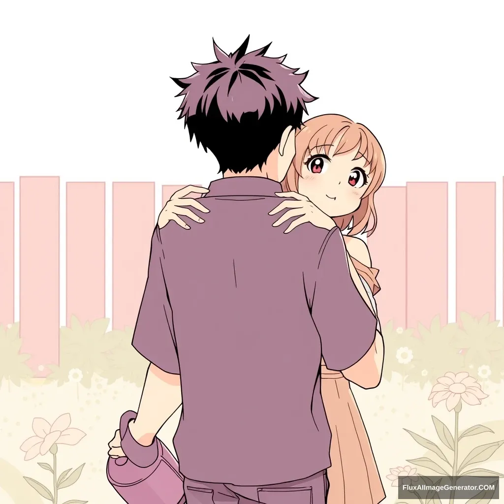 Anime lineart, front view of a handsome tall boy watering the flower and looking back while a girl standing behind puts both hands on his shoulders; she tilts her head and looks curious.