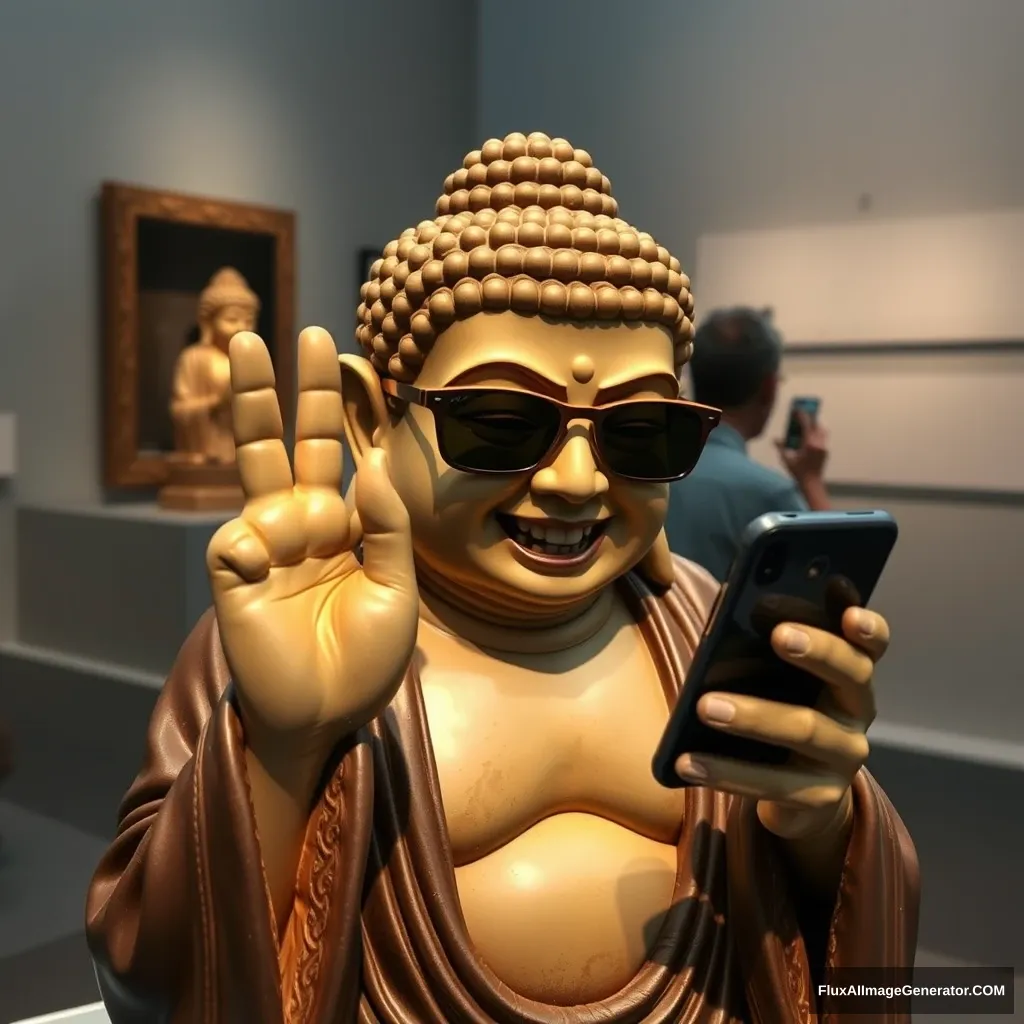 "At the museum, there is an artifact of a Buddha wearing sunglasses and looking at a phone, making a V gesture. It's a funny shot with amusing actions, an interesting piece on display, showcasing a toothy smile."