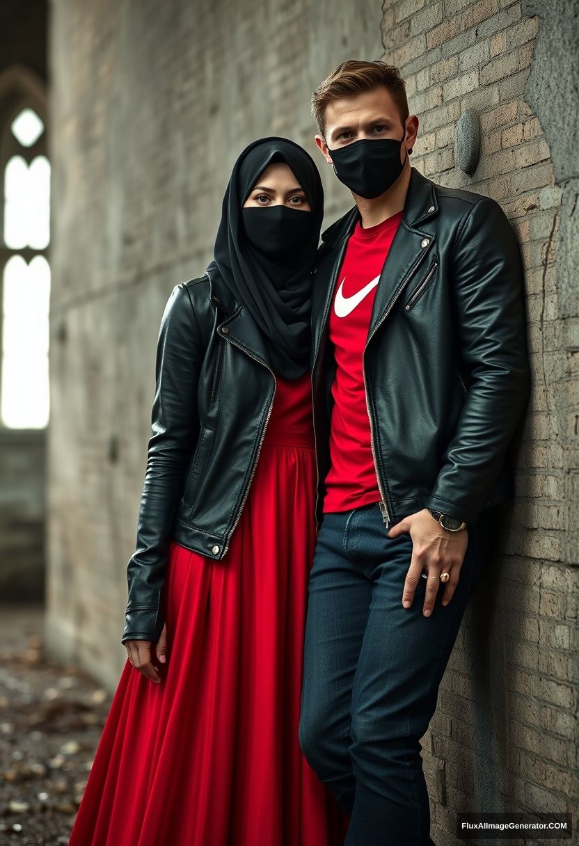 A biggest black hijab girl, beautiful eyes, black face mask, black leather jacket, biggest red longest dress, not tall,

Jamie Dornan, handsome, black face mask, fit and tough body, Nike red t-shirt, black leather jacket, jeans, tall man, leaning against the wall together 

Hyper realistic, photorealistic, studio photography, Victoria's abandoned castle, gloomy.