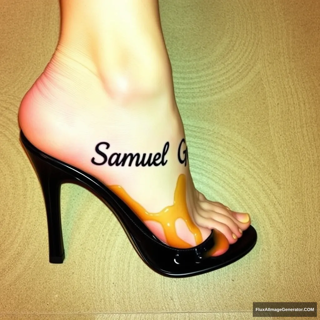 The name "Samuel Greg" on a woman's foot in a black high heel. There is oil all over the foot.