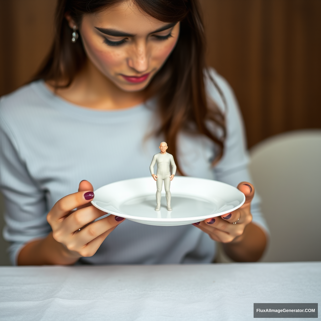 Young woman in front of an empty plate. The woman is looking down at the plate. The woman is holding a fork. The plate is on a table. There is a man (5 cm tall) on the plate. The man is wearing invisible clothes. - Image