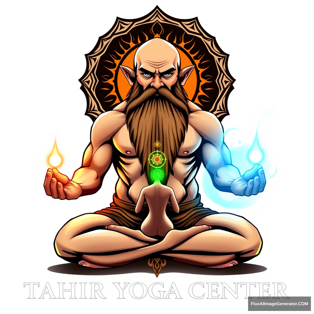 Tahir Yoga Center logo: a muscular large bald dwarf with a beard in the lotus position exchanges energies from chakras to chakras with a woman.