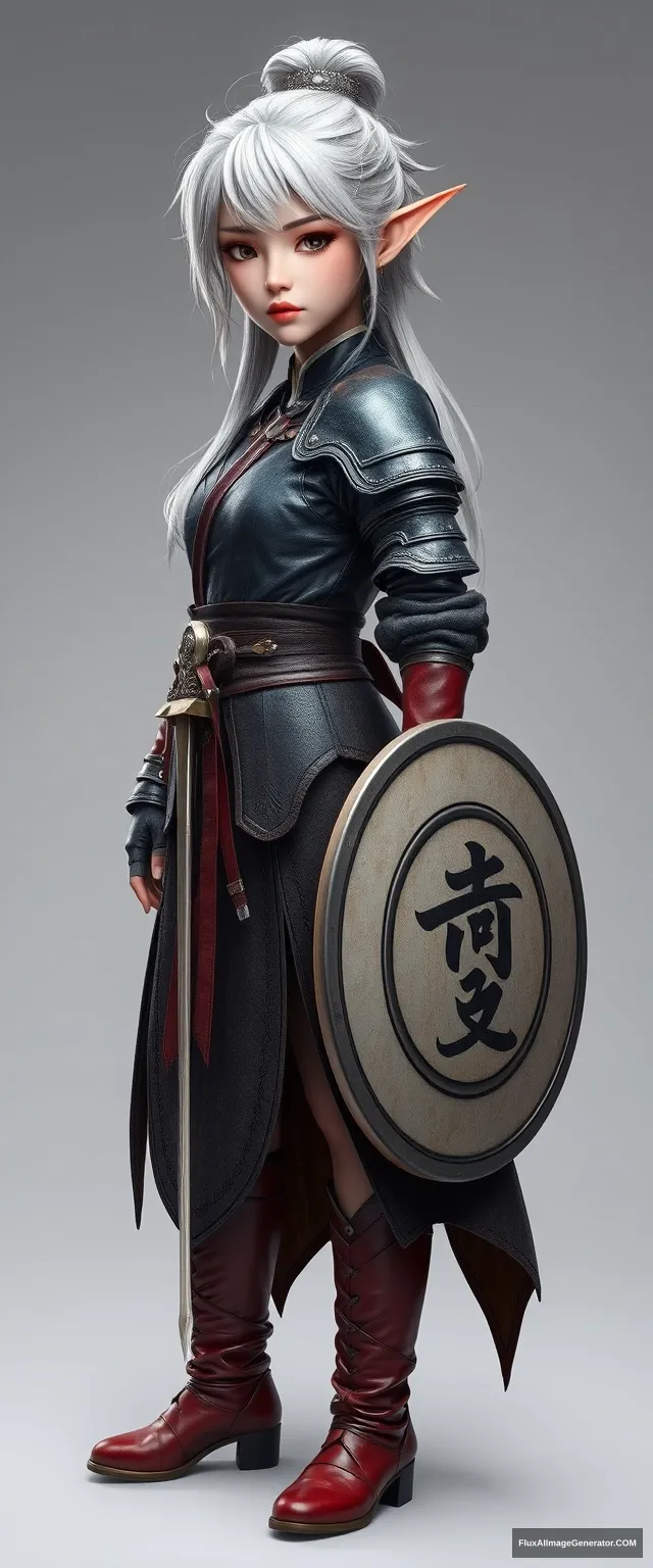 A gorgeous and elegant elf girl (with tousled platinum-colored hair and a silver hairpiece) is wearing leather armor (in the style of traditional Korean clothing), with the hemline of her skirt at the back. The pus is on one side of the stain, red leather boots, holding an accidental traditional sword and round shield (inscribed with "한"). It's a hyper-realistic photo, created using Unreal Engine, presented in a front shot. - Image