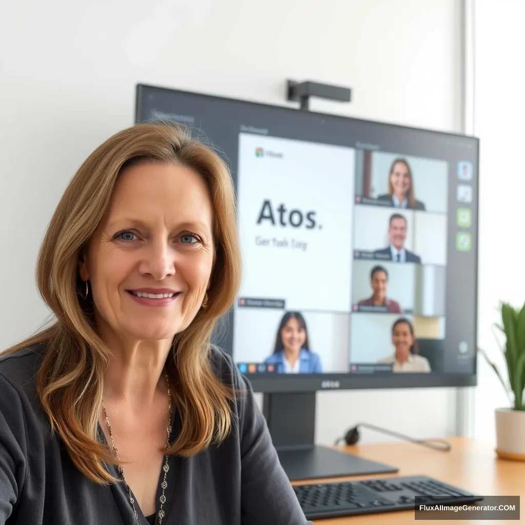 Microsoft online teams meeting for "Atos" presented by a white woman, brown hair, in her fifties.