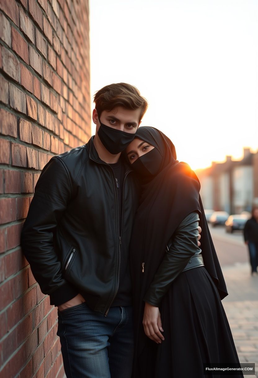 Jamie Dornan, handsome, young, black face mask, collage jacket, jeans, dating a beautiful Muslim girl in a big black hijab with beautiful eyes, black face mask, black leather jacket, the biggest skirt standing and lying against a brick wall, town, morning scenery, sunrise, photorealistic, street photography. - Image