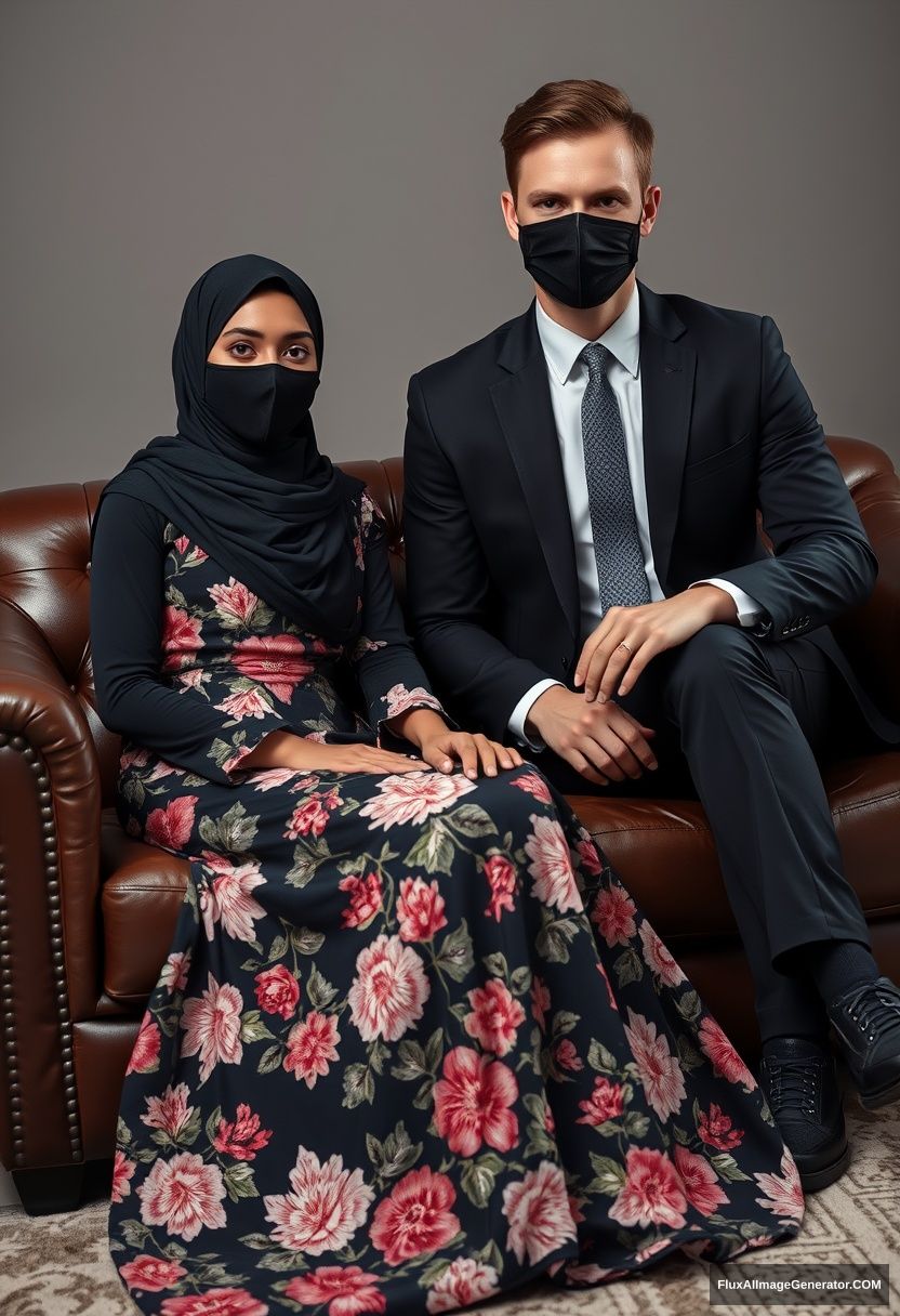 A biggest black hijab girl, slim girl, beautiful eyes, face mask black, biggest floral longest dress, sitting on leather single wing sofa,

Jamie Dornan, youngest, black suit coat, grey pattern tie, black leather sneaker, tall man, face mask black, fit tough body, sitting near her,

hyper realistic, studio photography. - Image