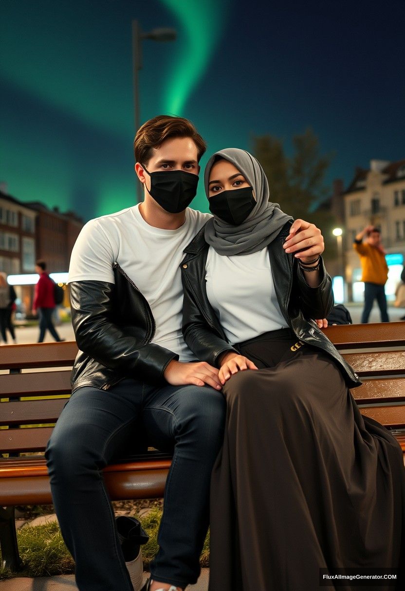 Jamie Dornan, tall, young, black face mask, white Nike T-shirt, jeans, 

dating romantically with a grey hijab-wearing Muslim girl, beautiful eyes, black face mask, leather jacket, very long and large skirt, not a tall girl,

sitting together on a park bench, leaning on each other's shoulders, in town, strangers in the background, photorealistic, selfie photos, night scenery, aurora borealis.