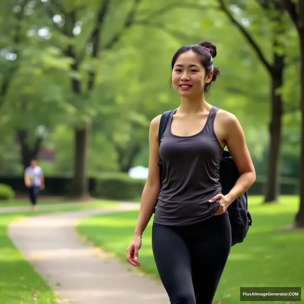 A woman walking in the park, Asian, a young mother, wearing yoga pants and a yoga tank top. - Image